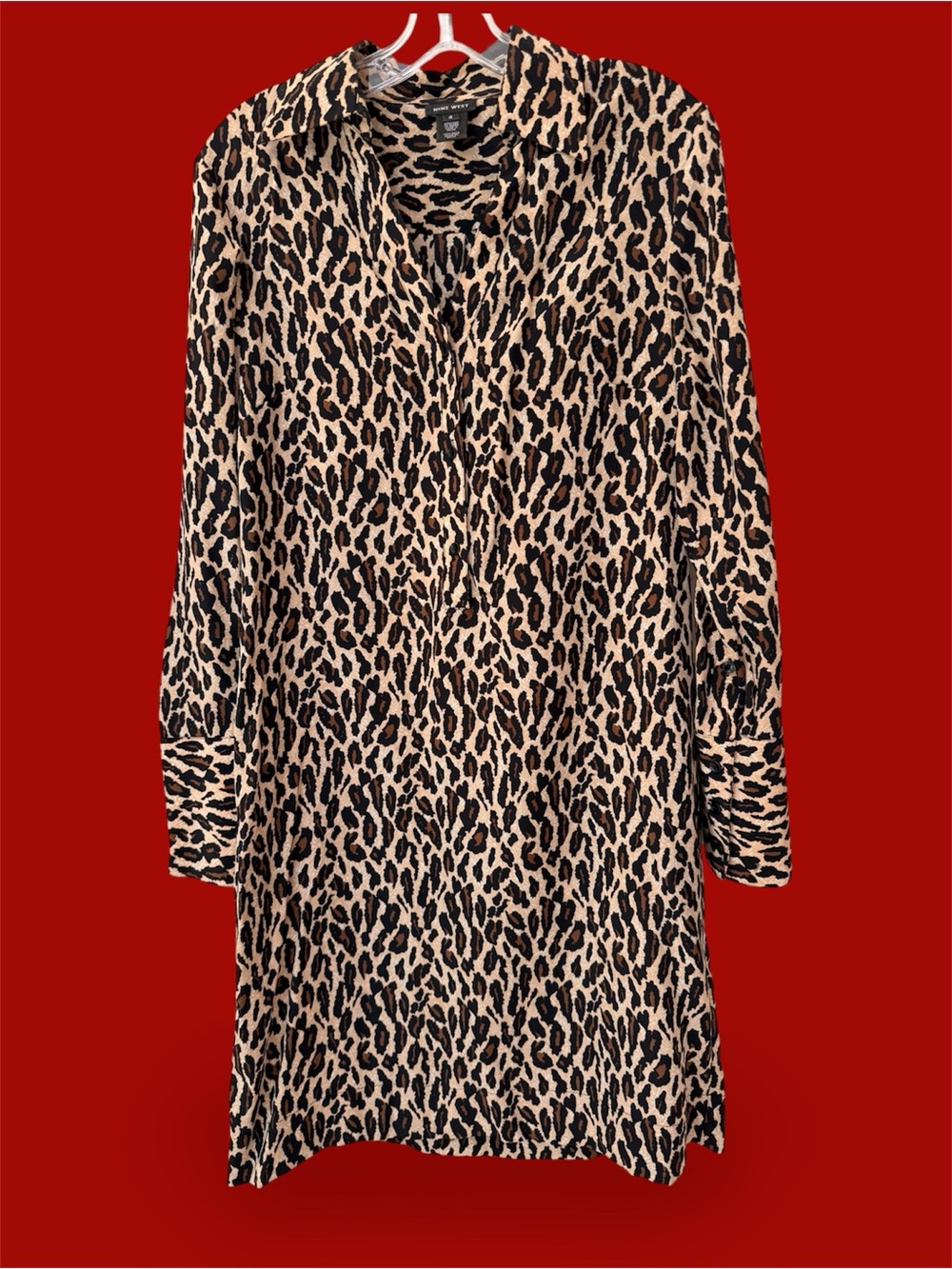 Nine West Silk Leopard Print Long Sleeve Dress, Black,Brown,Tan, Qtr Button Sz 4